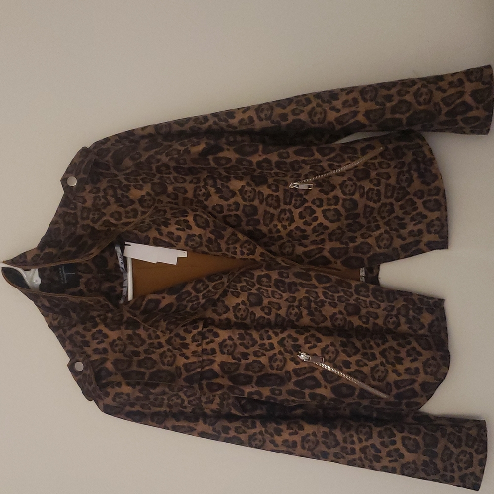 NWT Tahari Brown Faux Suede Leopard Print Moto Biker Jacket Size S - Picture 5 of 12